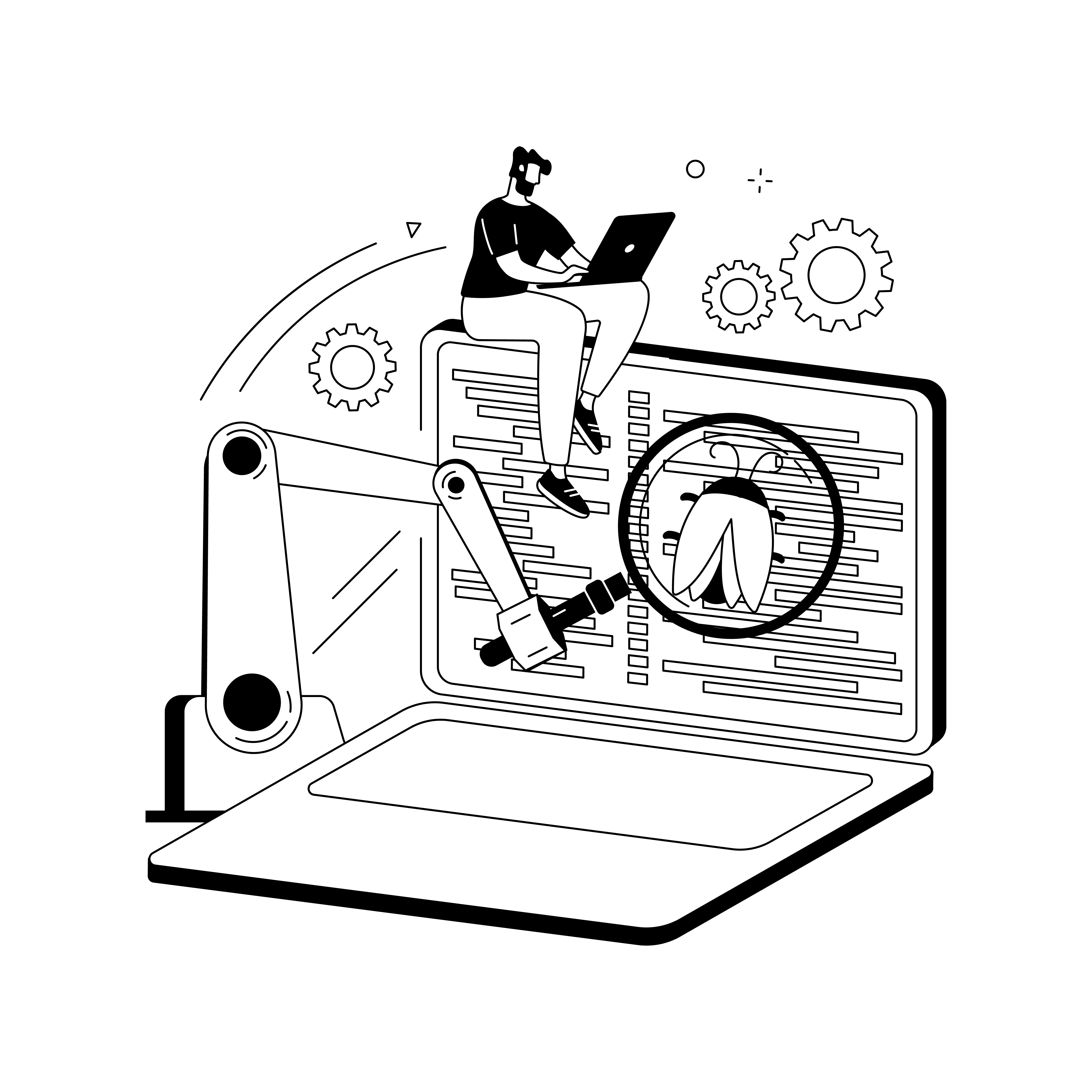Illustration of a developer inspecting code on a giant screen, a magnifying glass highlighting a bug
